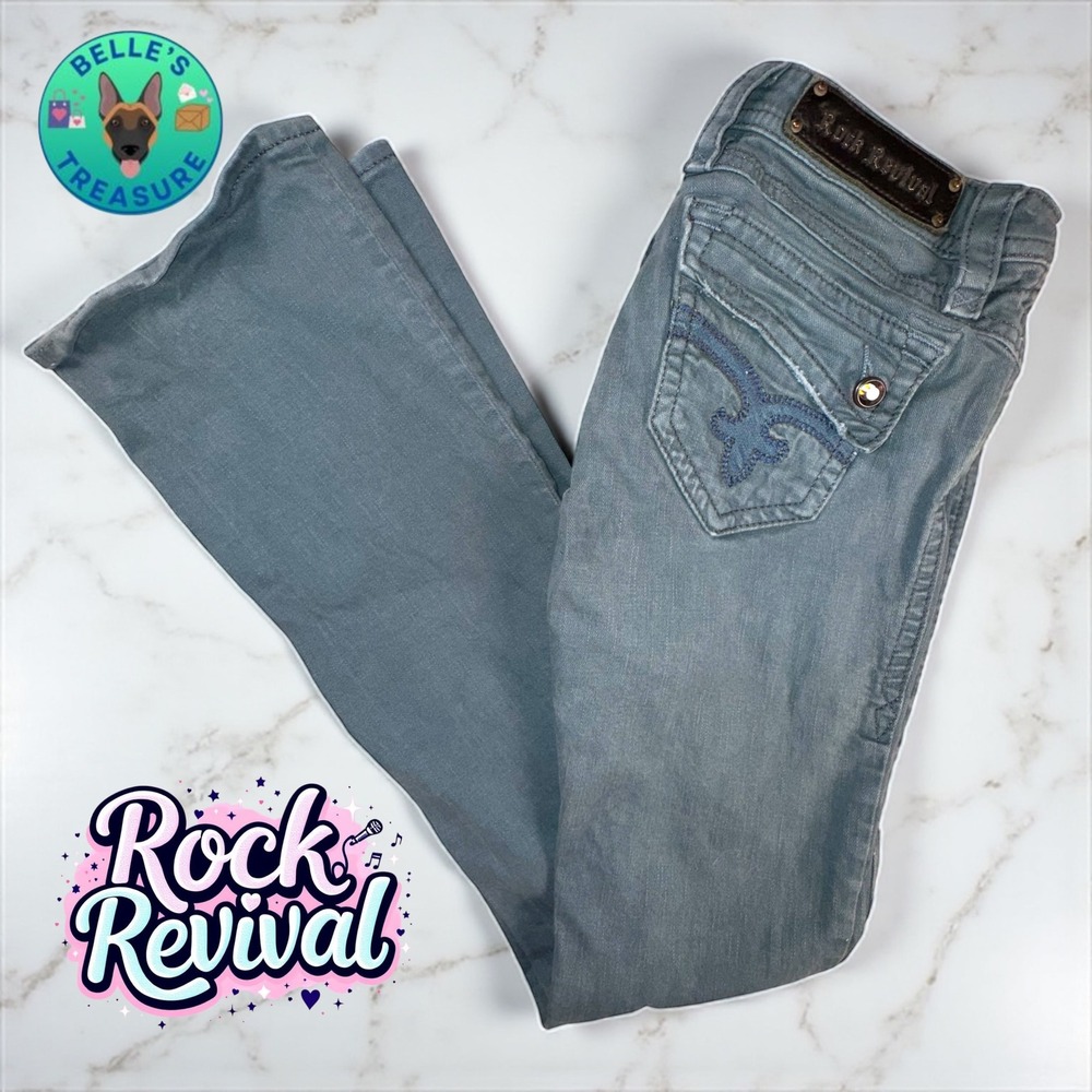 Rock Revival Jeans Womens 27 Johanna Boot Cut Low Rise Embellished Teal 28x33